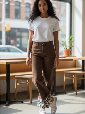 Q2 Premium Denim High-Rise Straight Leg Jeans Brown animal print Sz S